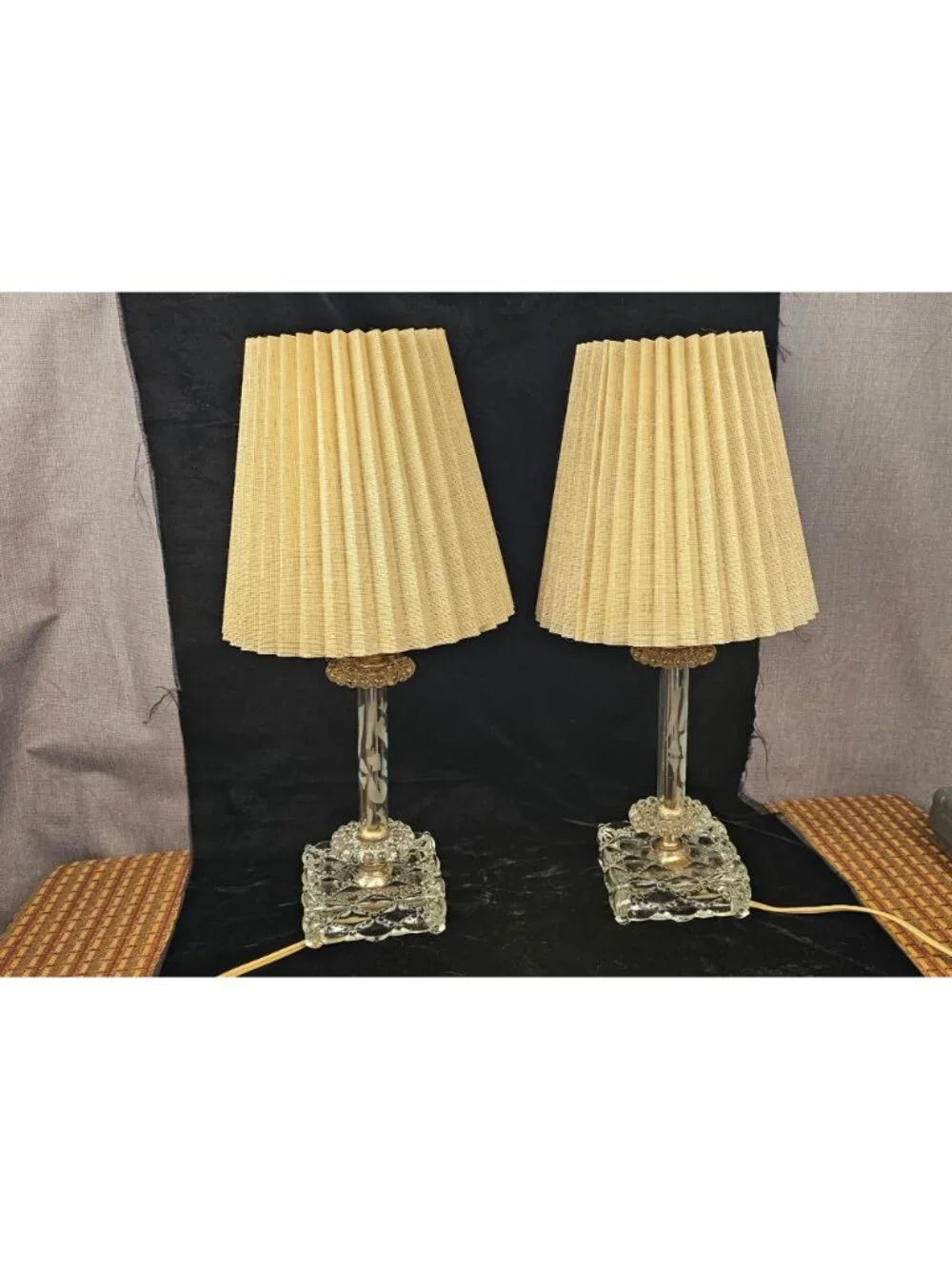 Vintage Pair Of Berwick Crystal Table Lamps With Etched Glass Columns & Candlewi